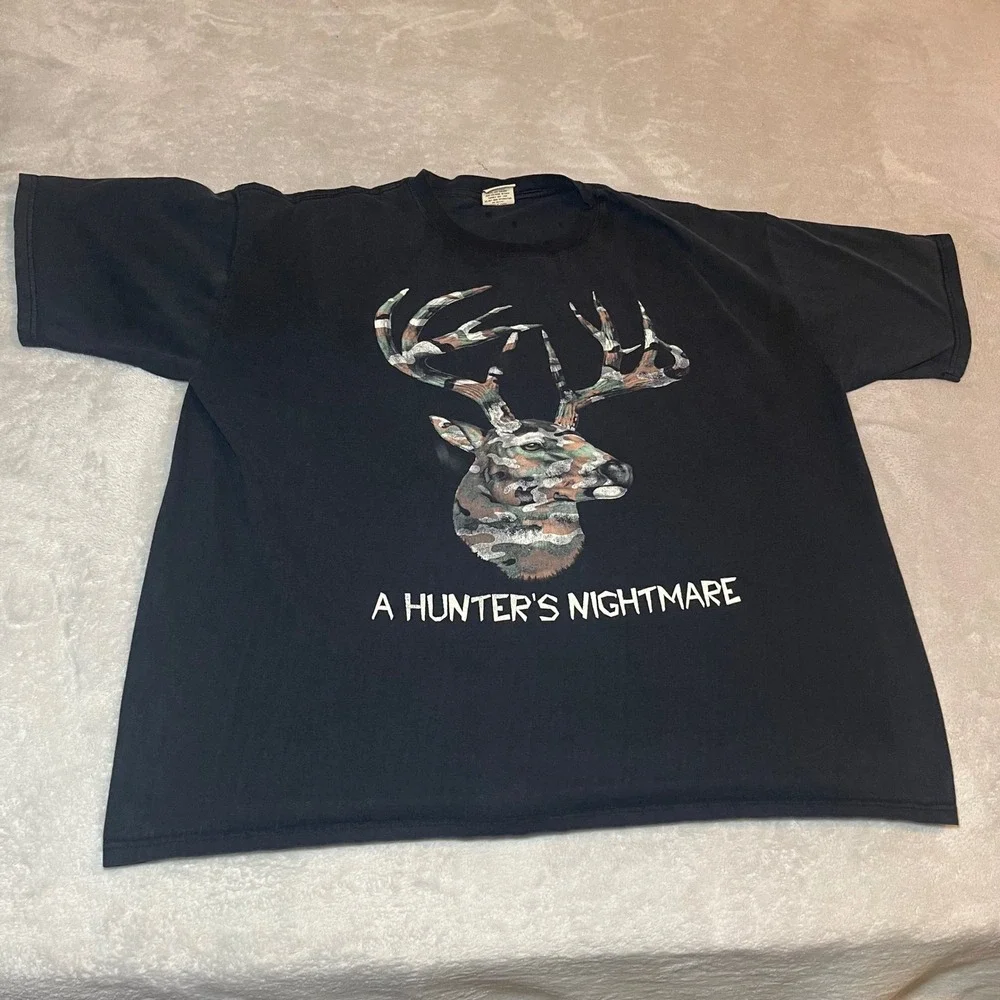A Hunters Nightmare Camo Deer Buck‎ Graphic T-Shirt Black Mens 2XL Hunting Tee